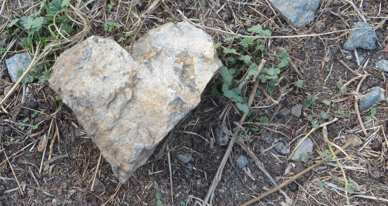 Ein herzförmiger Stein auf trockenem Boden