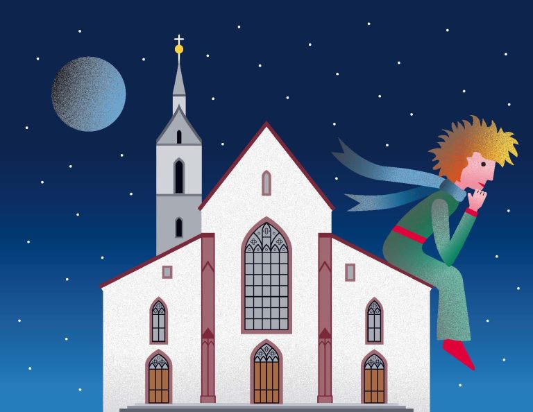 Illustration: der kleine Prinz sitzt auf dem Dach der Basler Peterskirche